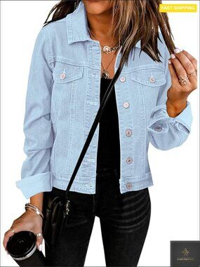 Classic Button Down Denim Jacket Long Sleeve Stretchy Trucker Coat